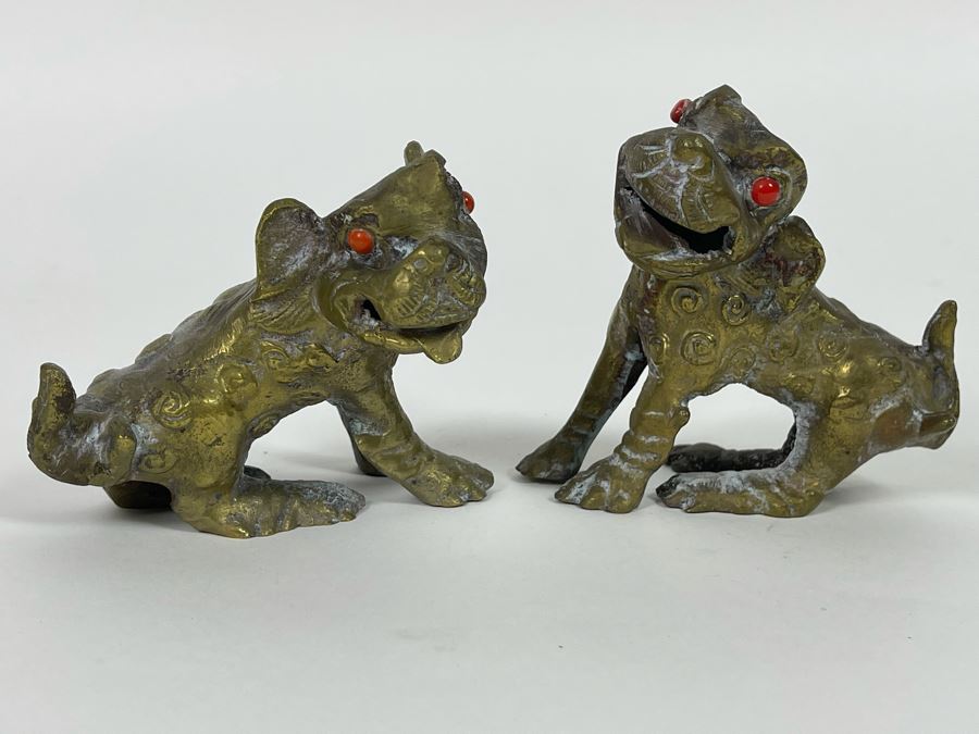 Pair Of Old Brass Dogs Figurines 3.5W X 3.5H [Photo 2]