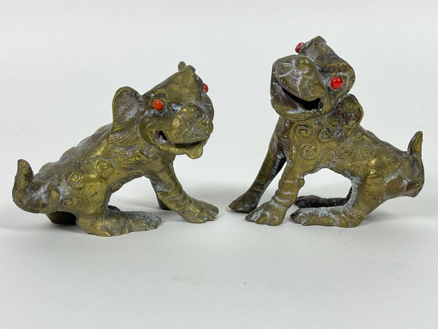 Pair Of Old Brass Dogs Figurines 3.5W X 3.5H [Photo 1]