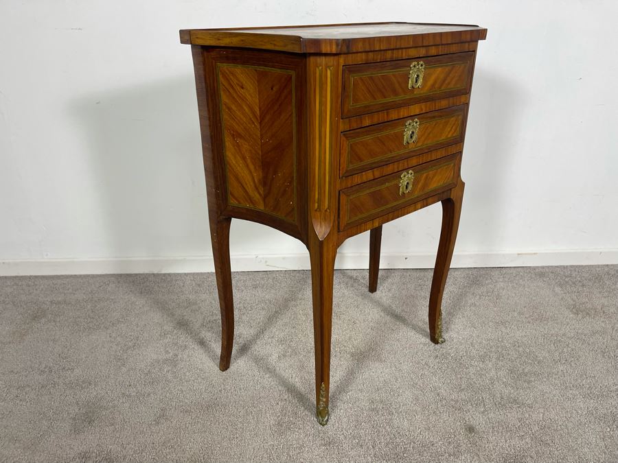 Beautiful Inlaid Wooden French Louis XV 3-Drawer Nightstand Side Table With Ormolu Mounts 21W X 12D X 28H [Photo 12]