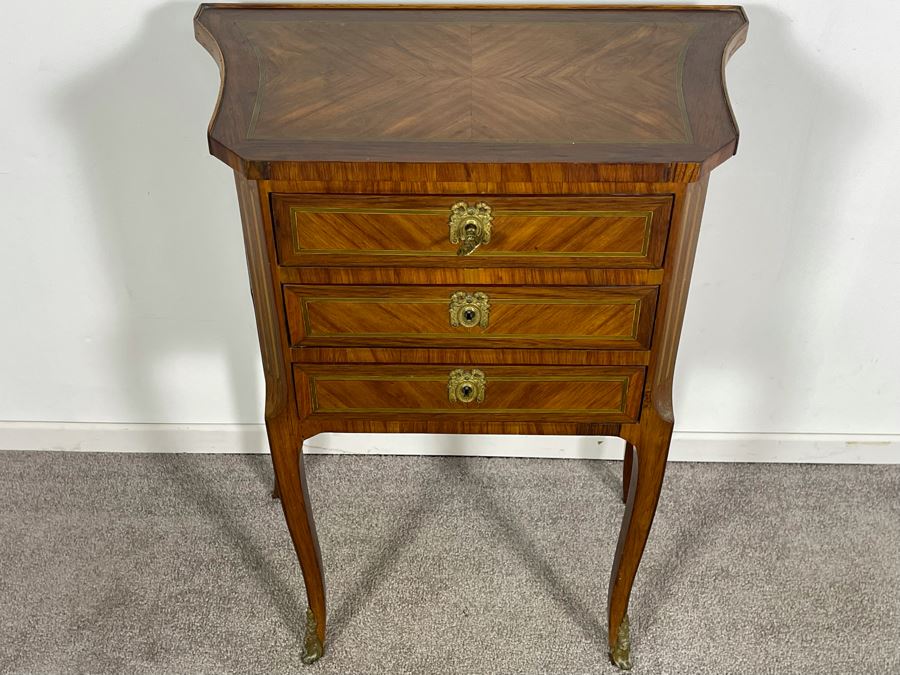 Beautiful Inlaid Wooden French Louis XV 3-Drawer Nightstand Side Table With Ormolu Mounts 21W X 12D X 28H [Photo 3]