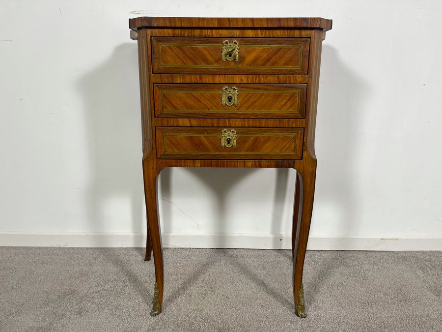 Beautiful Inlaid Wooden French Louis XV 3-Drawer Nightstand Side Table With Ormolu Mounts 21W X 12D X 28H [Photo 2]