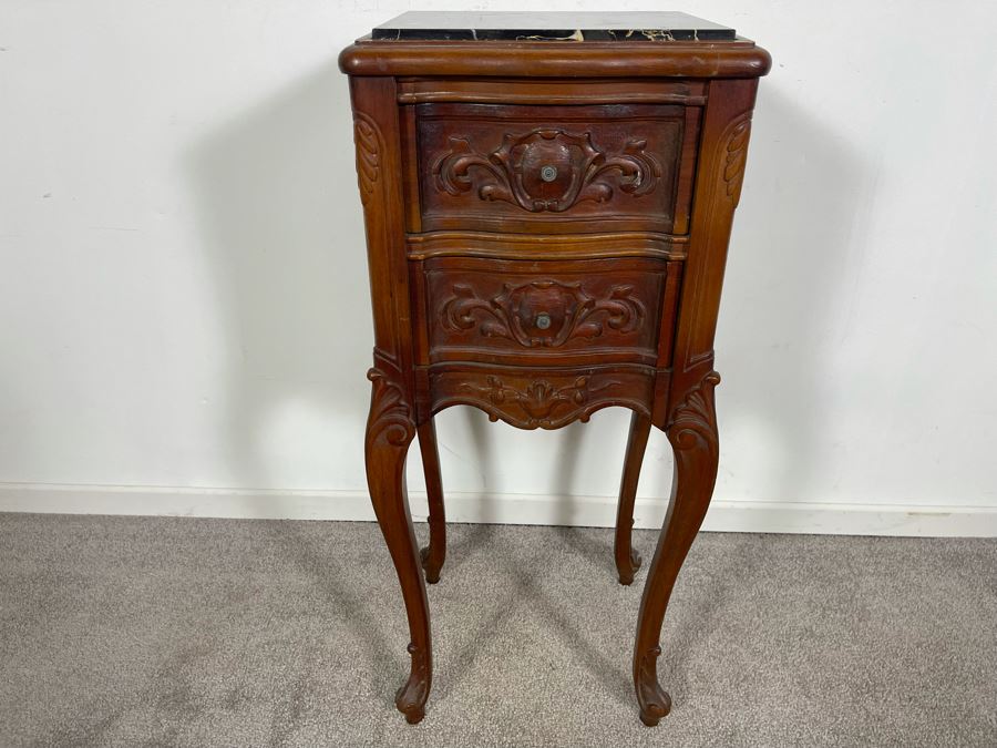 Vintage Carved Wooden 2-Drawer Nightstand Side Table With Black Marble Top 12.5W X 10.5D X 30H [Photo 2]
