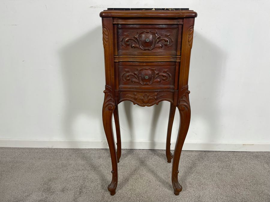 Vintage Carved Wooden 2-Drawer Nightstand Side Table With Black Marble Top 12.5W X 10.5D X 30H [Photo 3]