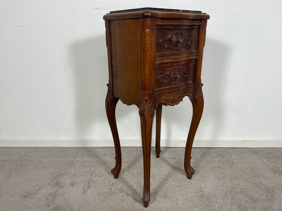 Vintage Carved Wooden 2-Drawer Nightstand Side Table With Black Marble Top 12.5W X 10.5D X 30H [Photo 7]