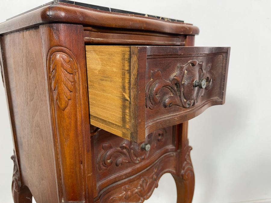 Vintage Carved Wooden 2-Drawer Nightstand Side Table With Black Marble Top 12.5W X 10.5D X 30H [Photo 10]
