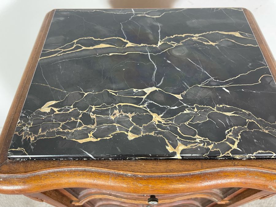 Vintage Carved Wooden 2-Drawer Nightstand Side Table With Black Marble Top 12.5W X 10.5D X 30H [Photo 13]
