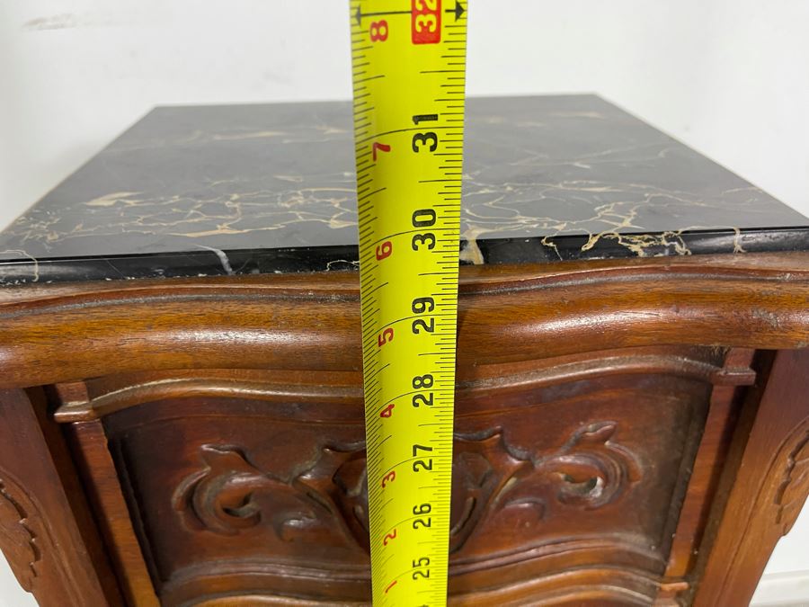 Vintage Carved Wooden 2-Drawer Nightstand Side Table With Black Marble Top 12.5W X 10.5D X 30H [Photo 16]