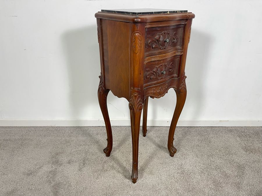 Vintage Carved Wooden 2-Drawer Nightstand Side Table With Black Marble Top 12.5W X 10.5D X 30H [Photo 9]