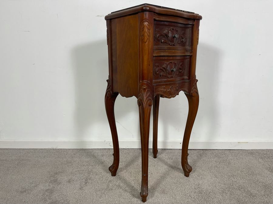 Vintage Carved Wooden 2-Drawer Nightstand Side Table With Black Marble Top 12.5W X 10.5D X 30H [Photo 8]