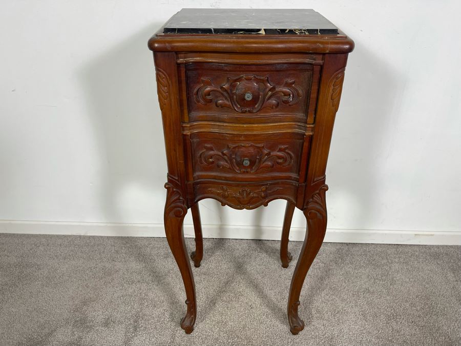 Vintage Carved Wooden 2-Drawer Nightstand Side Table With Black Marble Top 12.5W X 10.5D X 30H