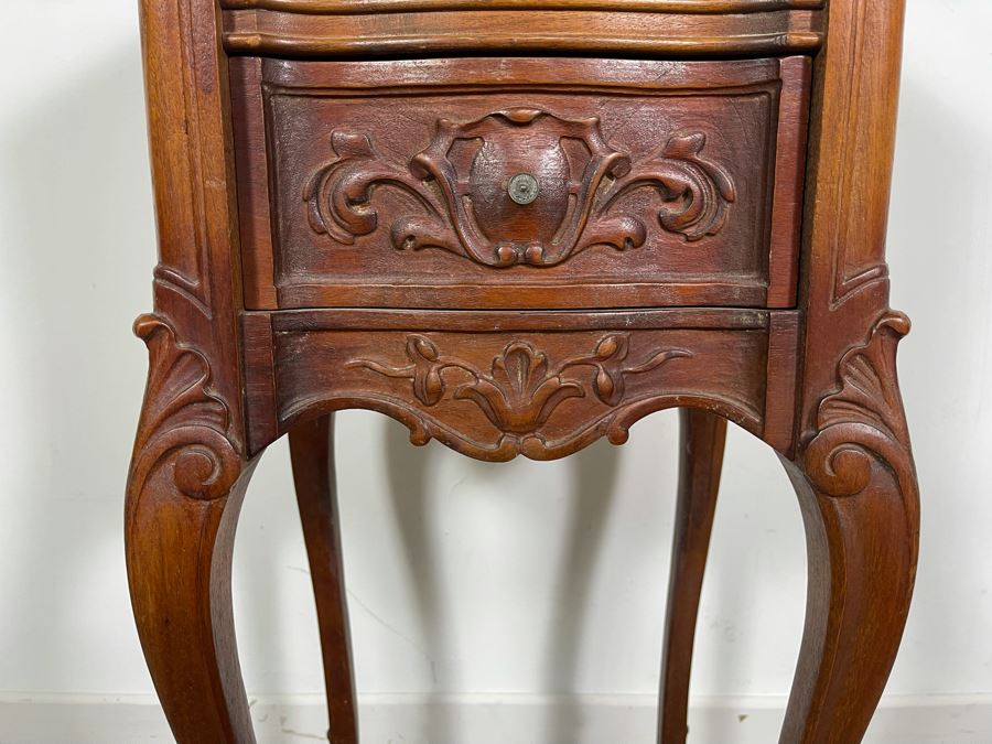 Vintage Carved Wooden 2-Drawer Nightstand Side Table With Black Marble Top 12.5W X 10.5D X 30H [Photo 4]