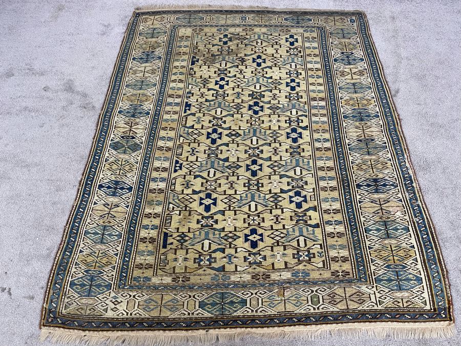 Old Hand Knotted Wool Persian Area Rug Geometric Patterns 50W X 63L [Photo 3]