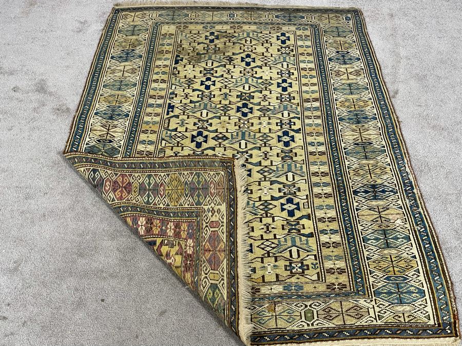Old Hand Knotted Wool Persian Area Rug Geometric Patterns 50W X 63L [Photo 9]
