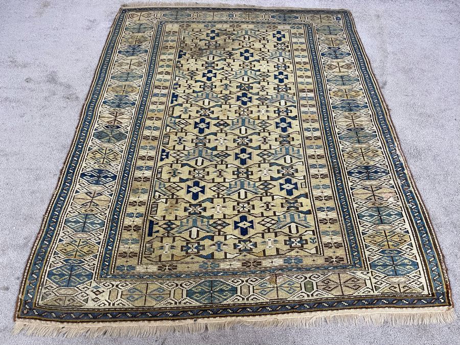 Old Hand Knotted Wool Persian Area Rug Geometric Patterns 50W X 63L [Photo 1]