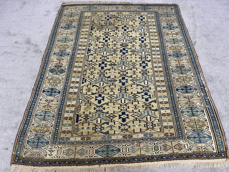 Old Hand Knotted Wool Persian Area Rug Geometric Patterns 50W X 63L [Photo 2]