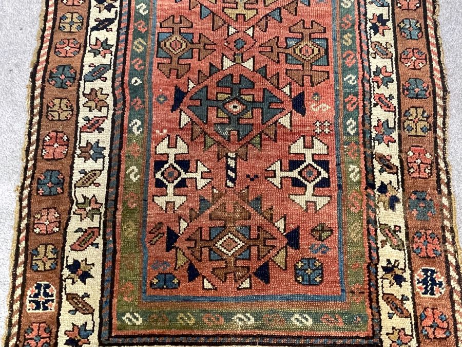 Old Hand Knotted Wool Persian Runner Rug Geometric Patterns 36.5W X 103L [Photo 7]