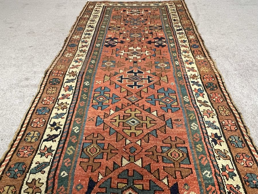 Old Hand Knotted Wool Persian Runner Rug Geometric Patterns 36.5W X 103L [Photo 9]