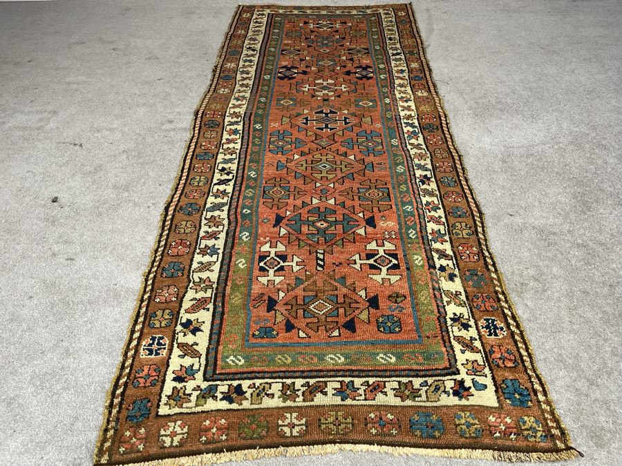 Old Hand Knotted Wool Persian Runner Rug Geometric Patterns 36.5W X 103L [Photo 11]