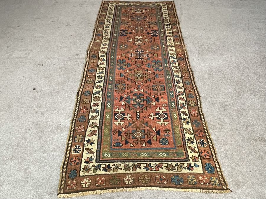 Old Hand Knotted Wool Persian Runner Rug Geometric Patterns 36.5W X 103L [Photo 1]