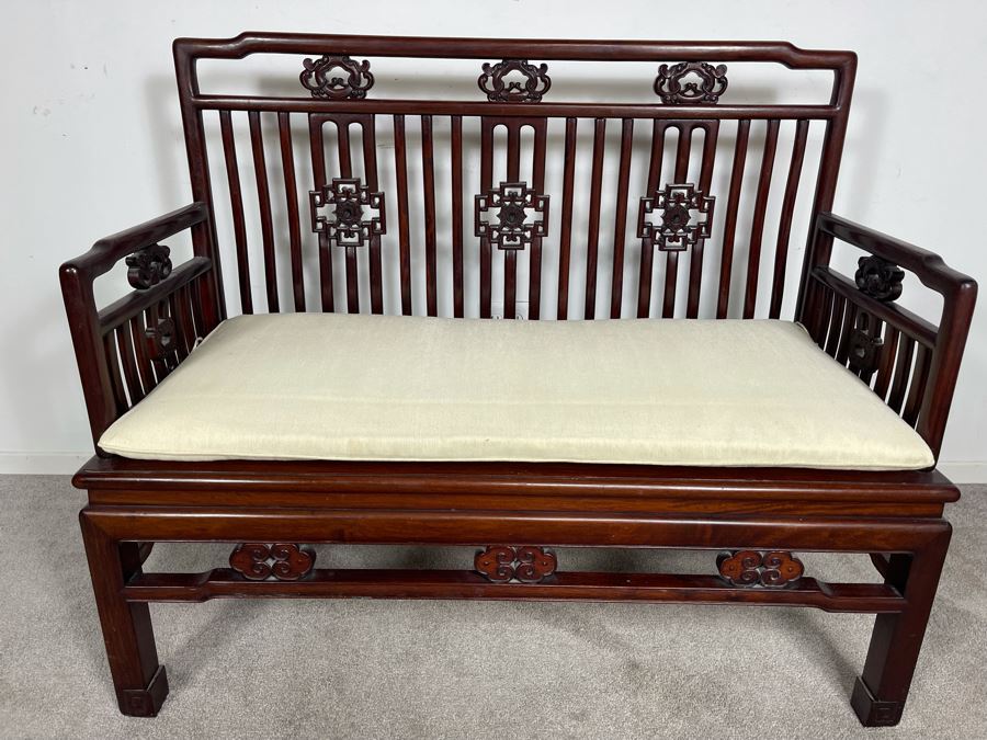Stunning Chinese Carved Blackwood Rosewood Bench With Cushion 45W X 21D X 38H [Photo 16]