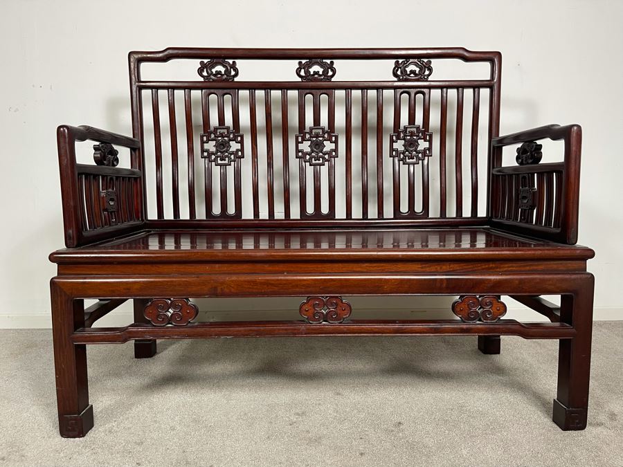 Stunning Chinese Carved Blackwood Rosewood Bench With Cushion 45W X 21D X 38H [Photo 4]