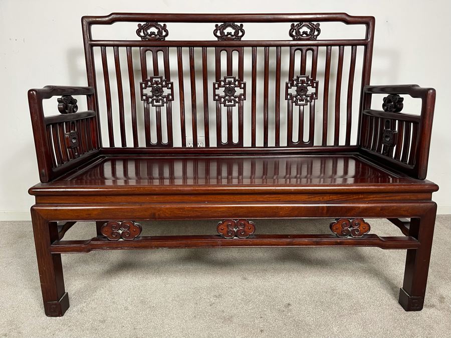 Stunning Chinese Carved Blackwood Rosewood Bench With Cushion 45W X 21D X 38H