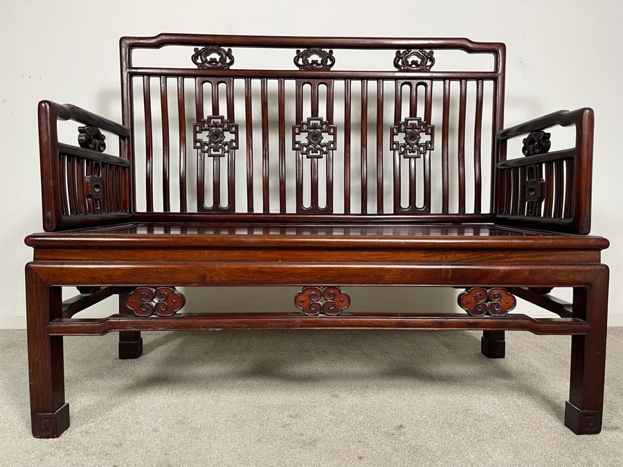 Stunning Chinese Carved Blackwood Rosewood Bench With Cushion 45W X 21D X 38H [Photo 5]