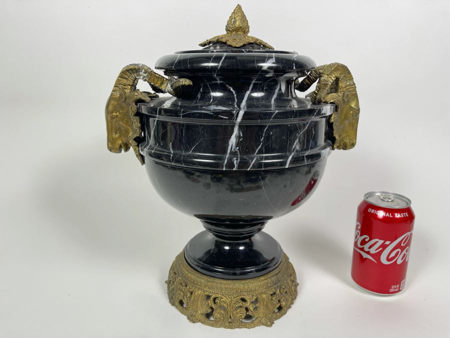 Impressive Footed Black Marble Urn With Brass Ram's Head Handles Ormolu Mounted 11.5W X 14H [Photo 1]