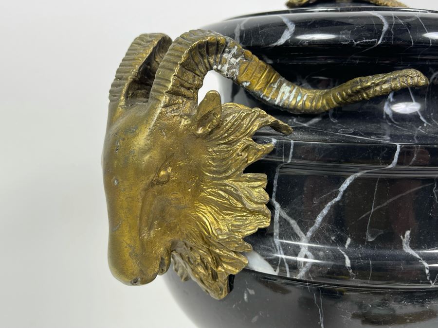 Impressive Footed Black Marble Urn With Brass Ram's Head Handles Ormolu Mounted 11.5W X 14H [Photo 4]