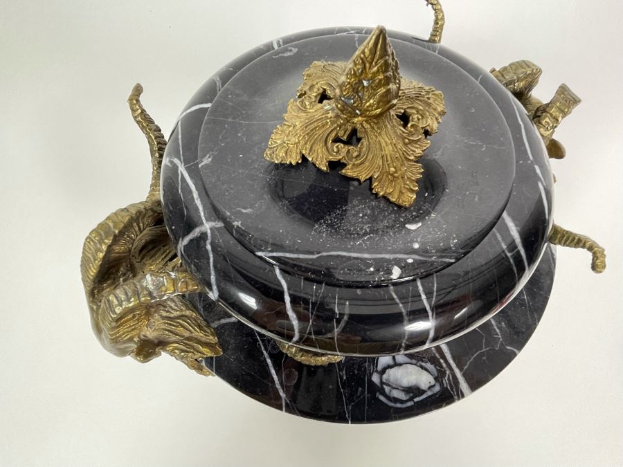 Impressive Footed Black Marble Urn With Brass Ram's Head Handles Ormolu Mounted 11.5W X 14H [Photo 6]