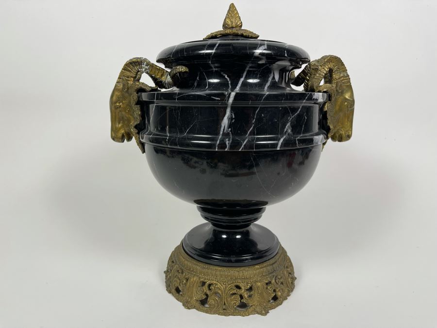 Impressive Footed Black Marble Urn With Brass Ram's Head Handles Ormolu Mounted 11.5W X 14H [Photo 11]