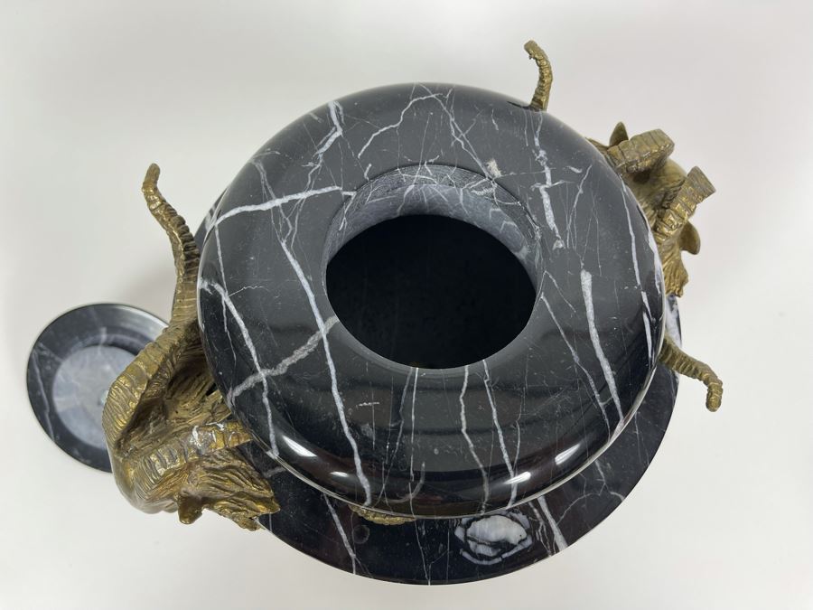Impressive Footed Black Marble Urn With Brass Ram's Head Handles Ormolu Mounted 11.5W X 14H [Photo 7]