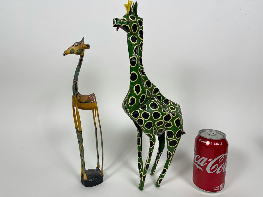 Pair Of Handmade African Sculptures: Metal Giraffe Sculpture From Zimbabwe 15H And Carved Wood Giraffee [Photo 3]