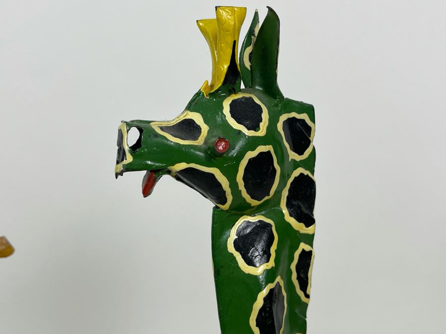 Pair Of Handmade African Sculptures: Metal Giraffe Sculpture From Zimbabwe 15H And Carved Wood Giraffee [Photo 4]