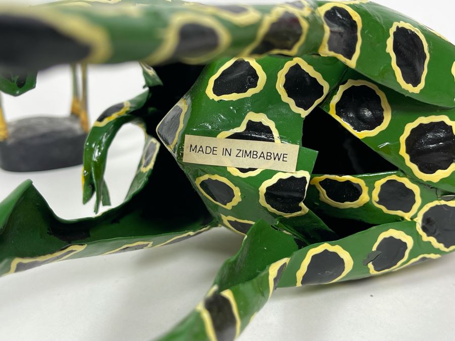 Pair Of Handmade African Sculptures: Metal Giraffe Sculpture From Zimbabwe 15H And Carved Wood Giraffee [Photo 8]