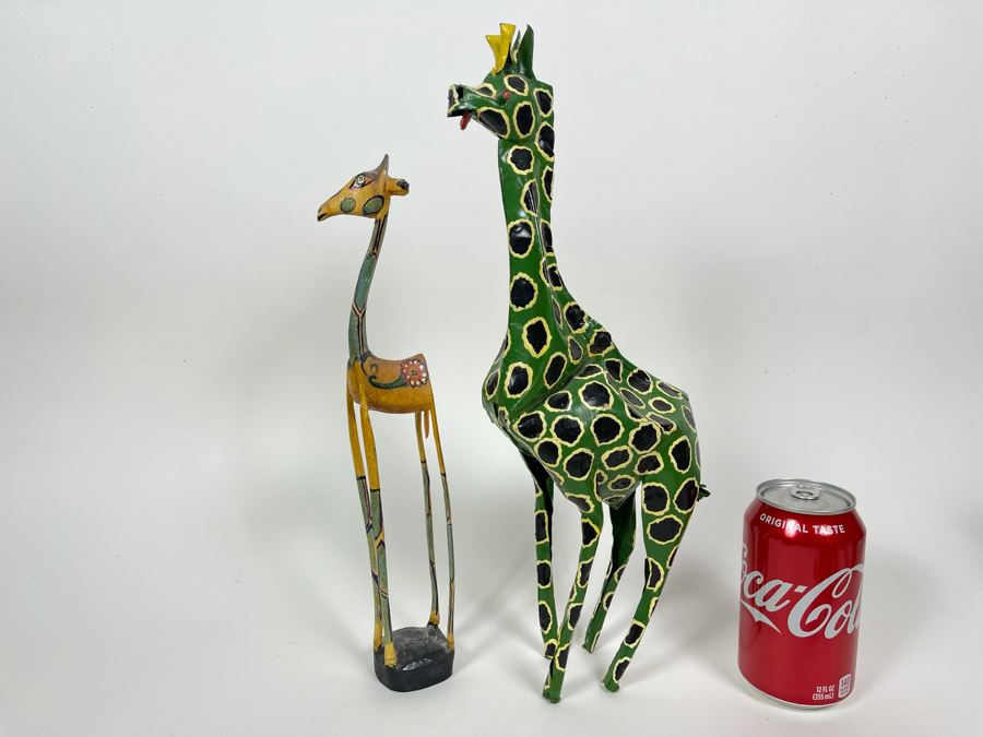 Pair Of Handmade African Sculptures: Metal Giraffe Sculpture From Zimbabwe 15H And Carved Wood Giraffee [Photo 1]