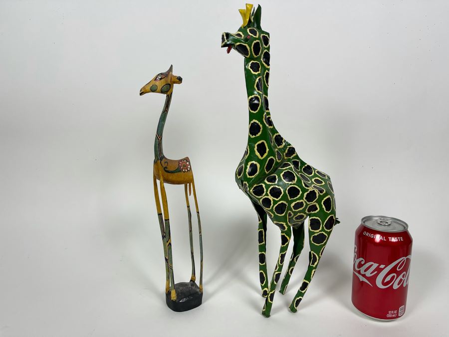 Pair Of Handmade African Sculptures: Metal Giraffe Sculpture From Zimbabwe 15H And Carved Wood Giraffee [Photo 2]