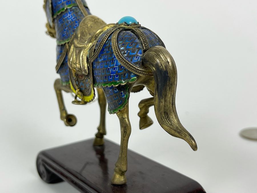 Vintage Chinese Silver Cloissone Horse On Wooden Stand Signed Silver Made In China 147.8g [Photo 17]
