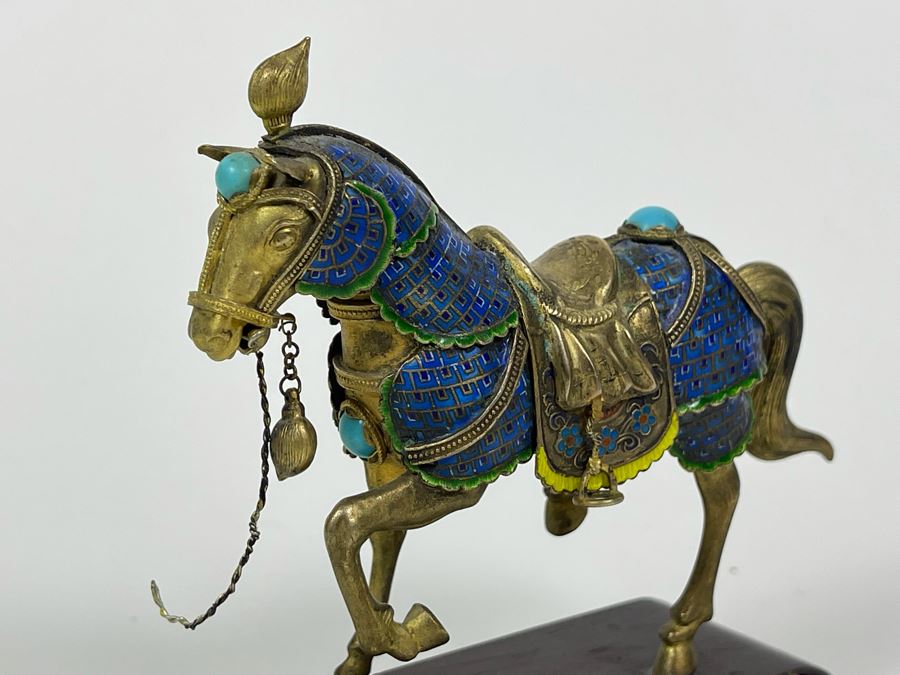 Vintage Chinese Silver Cloissone Horse On Wooden Stand Signed Silver Made In China 147.8g [Photo 13]