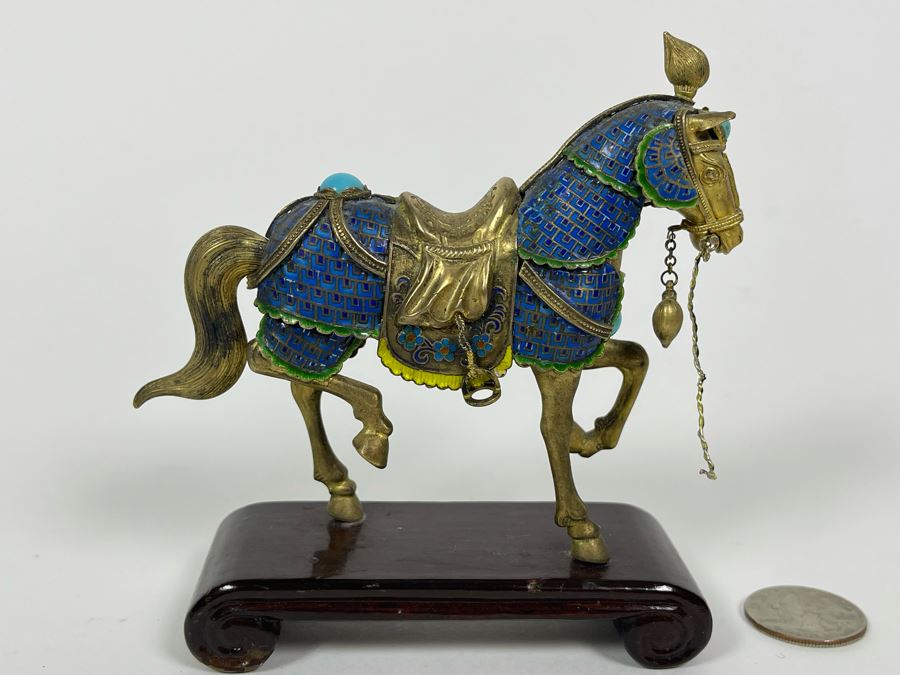 Vintage Chinese Silver Cloissone Horse On Wooden Stand Signed Silver Made In China 147.8g [Photo 2]