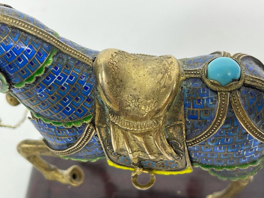 Vintage Chinese Silver Cloissone Horse On Wooden Stand Signed Silver Made In China 147.8g [Photo 20]