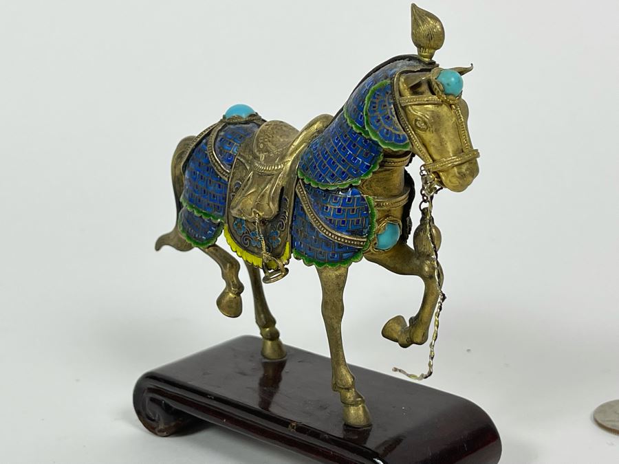 Vintage Chinese Silver Cloissone Horse On Wooden Stand Signed Silver Made In China 147.8g [Photo 9]