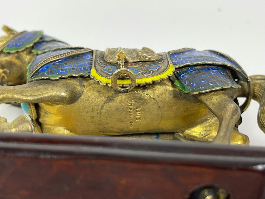 Vintage Chinese Silver Cloissone Horse On Wooden Stand Signed Silver Made In China 147.8g [Photo 22]