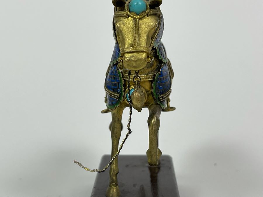 Vintage Chinese Silver Cloissone Horse On Wooden Stand Signed Silver Made In China 147.8g [Photo 12]