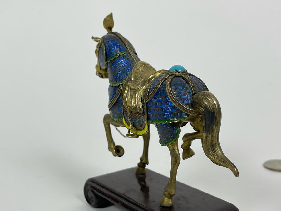 Vintage Chinese Silver Cloissone Horse On Wooden Stand Signed Silver Made In China 147.8g [Photo 16]