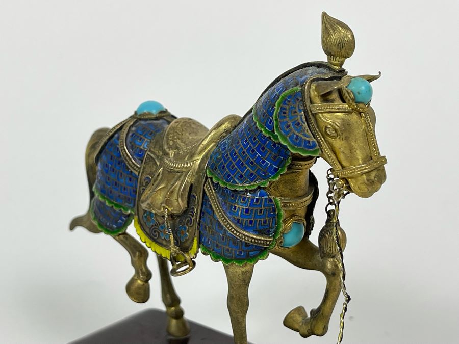 Vintage Chinese Silver Cloissone Horse On Wooden Stand Signed Silver Made In China 147.8g [Photo 8]