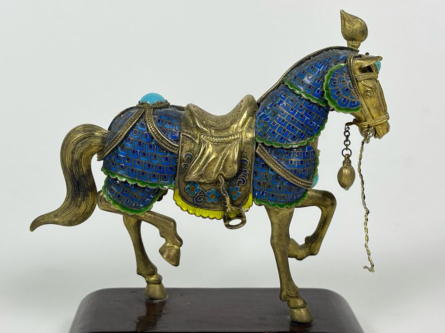 Vintage Chinese Silver Cloissone Horse On Wooden Stand Signed Silver Made In China 147.8g [Photo 4]
