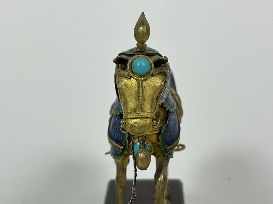 Vintage Chinese Silver Cloissone Horse On Wooden Stand Signed Silver Made In China 147.8g [Photo 11]