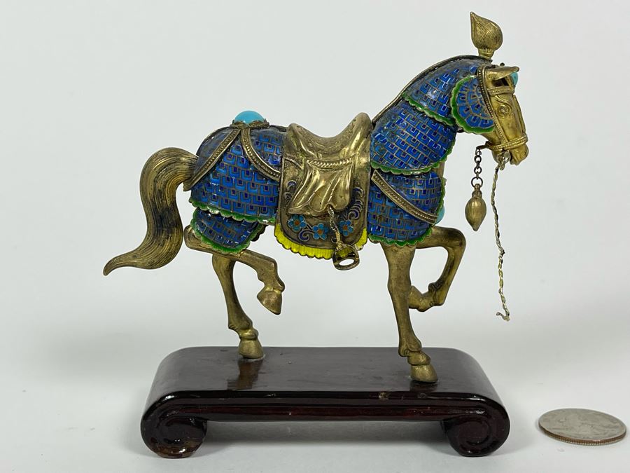 Vintage Chinese Silver Cloissone Horse On Wooden Stand Signed Silver Made In China 147.8g [Photo 3]