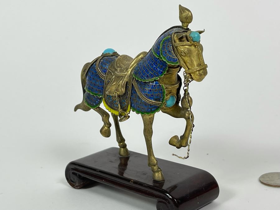 Vintage Chinese Silver Cloissone Horse On Wooden Stand Signed Silver Made In China 147.8g [Photo 10]